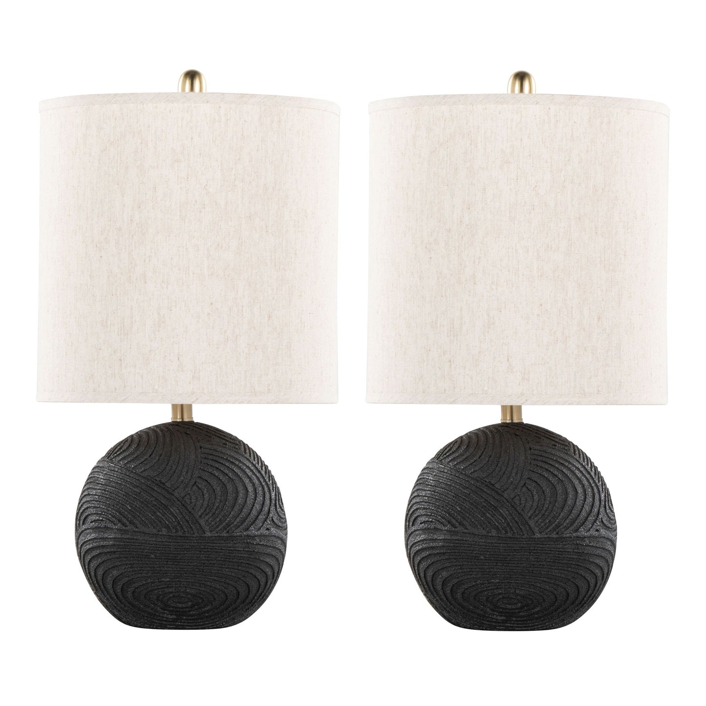 The Kona Contemporary Table Lamp set includes two lamps with round, matte black textured bases and cylindrical natural fabric shades, shown against a white background.