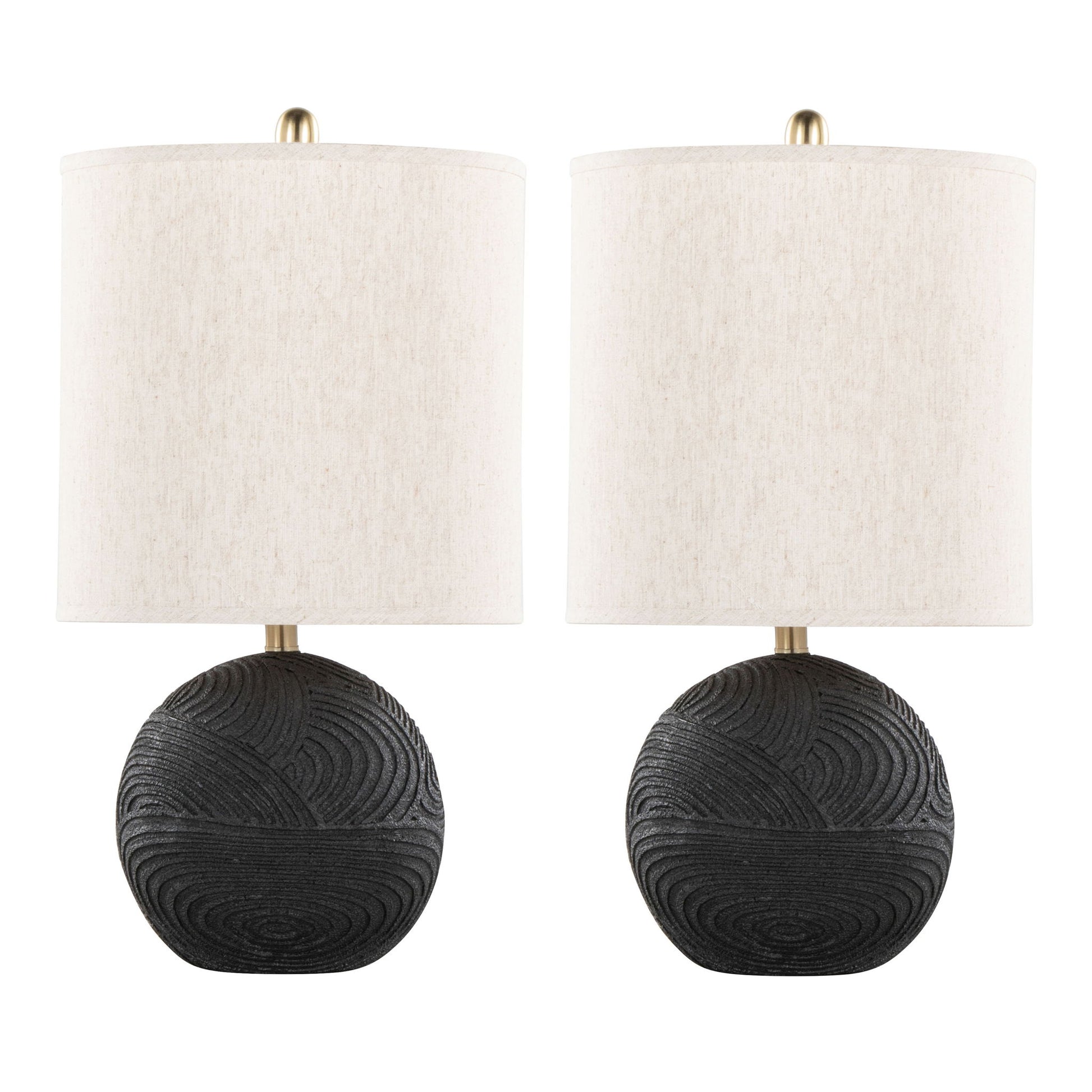 The Kona Contemporary Table Lamp set includes two lamps with round, matte black textured bases and cylindrical natural fabric shades, shown against a white background.