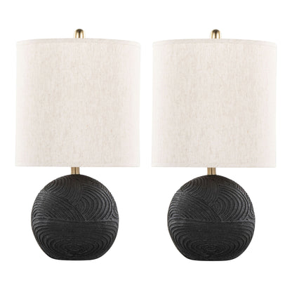 The Kona Contemporary Table Lamp set includes two lamps with round, matte black textured bases and cylindrical natural fabric shades, shown against a white background.