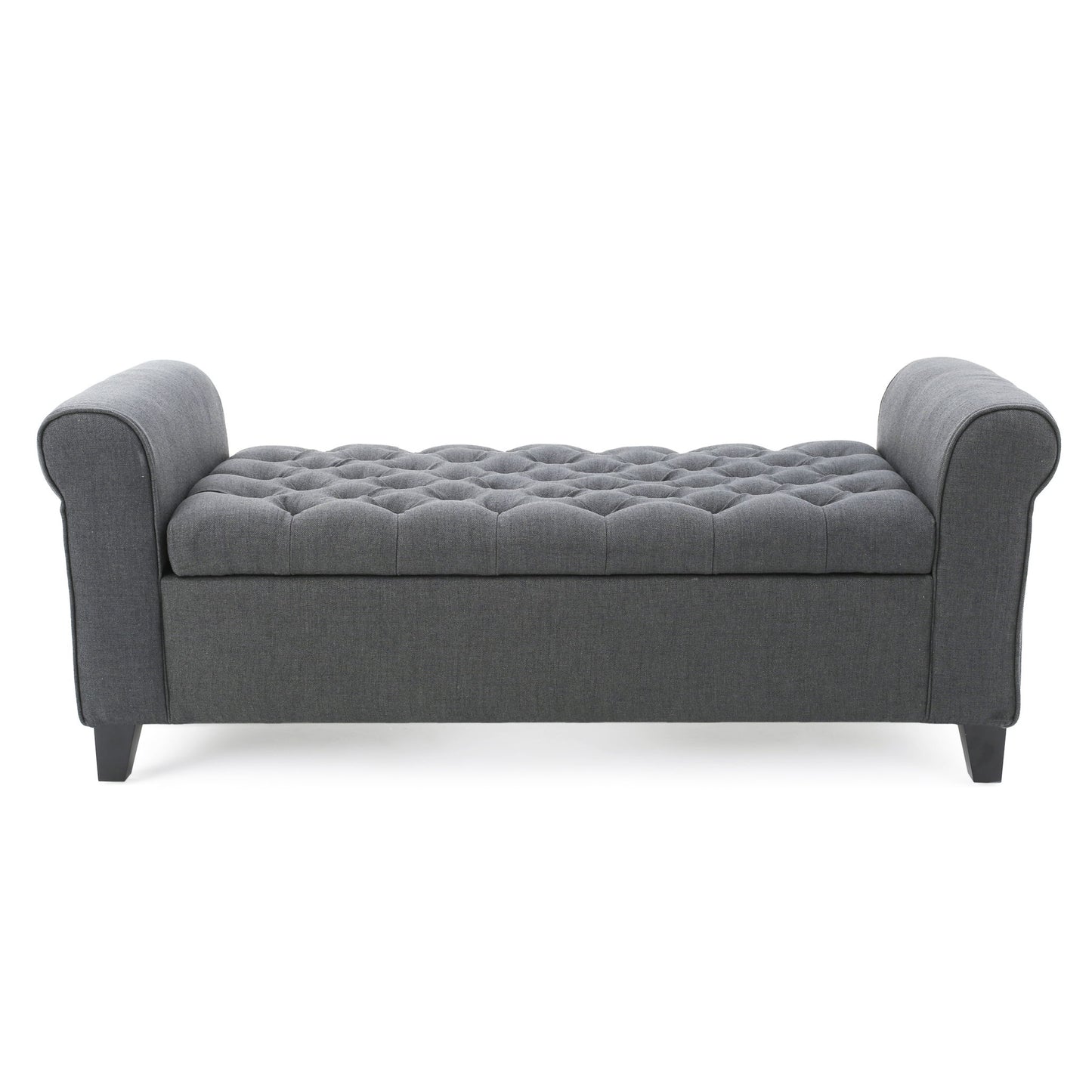 The Hayes bench features contemporary rolled arms, button tufting on a dark gray upholstered seat, and stands on four short angled legs.