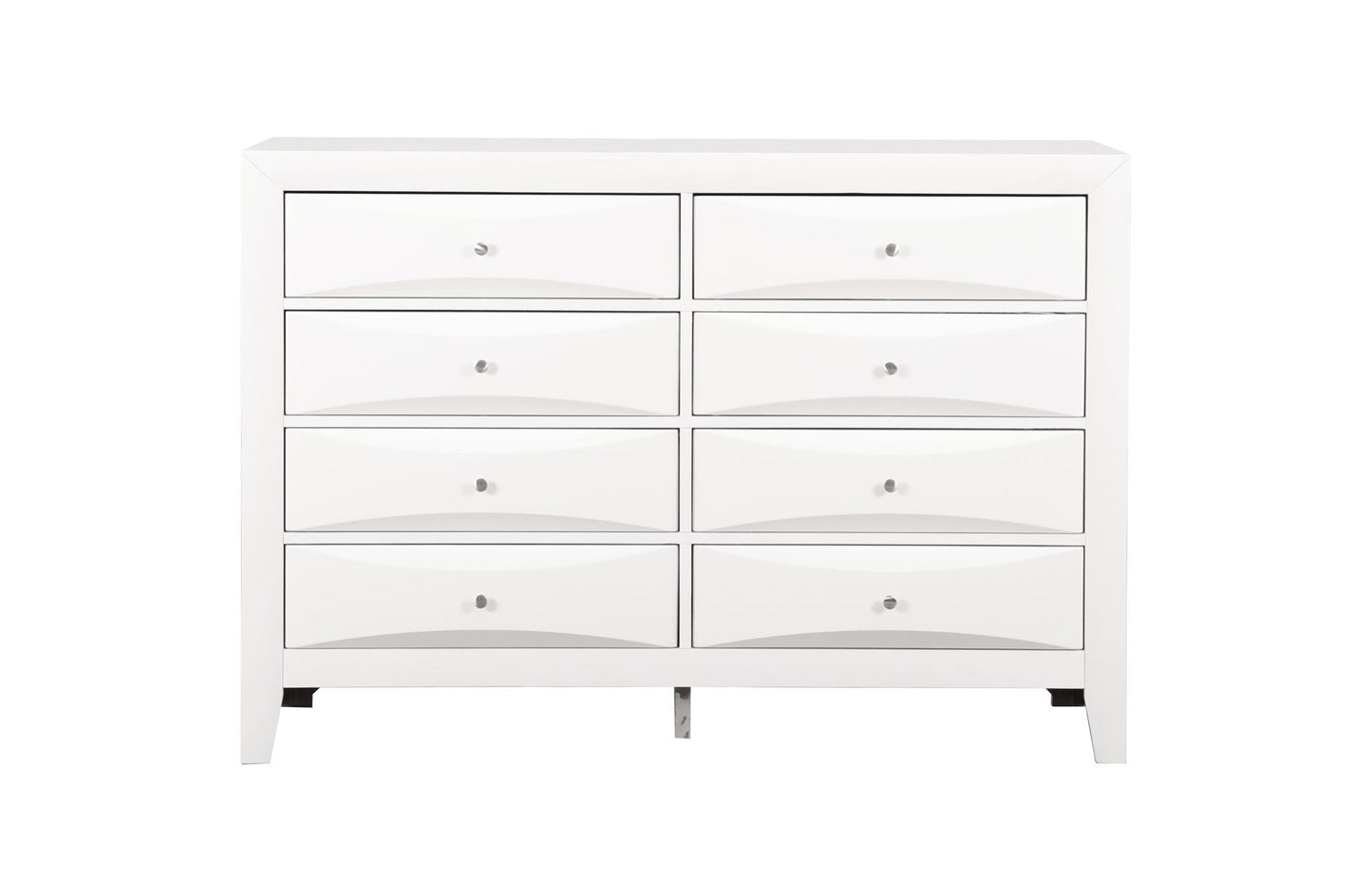 The Marilla dresser features a modern, minimalist design with eight white drawers in two rows of four. Each drawer has a small round silver knob, and the dresser stands on short legs.