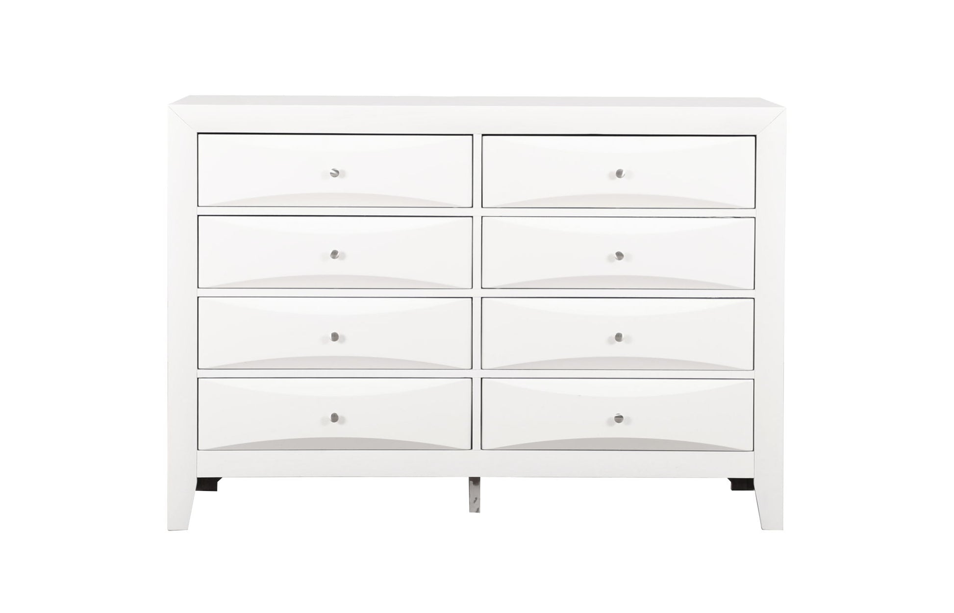 The Marilla dresser features a modern, minimalist design with eight white drawers in two rows of four. Each drawer has a small round silver knob, and the dresser stands on short legs.