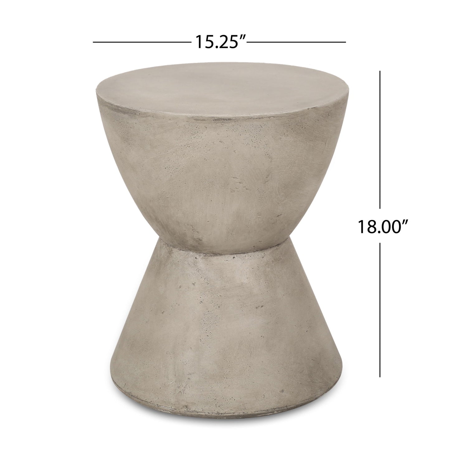 The Outdoor Hourglass Shaped Side Table in light gray features a minimalist concrete design with a smooth round top, hourglass silhouette, and measures 15.25" in diameter by 18" high—ideal for modern outdoor spaces.