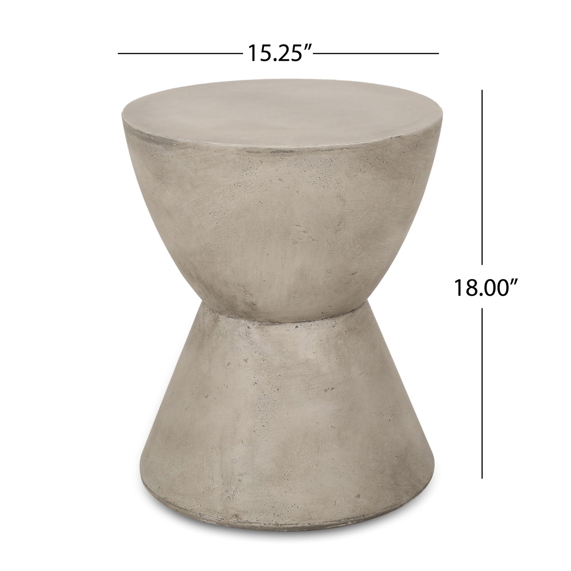 The Outdoor Hourglass Shaped Side Table in light gray features a minimalist concrete design with a smooth round top, hourglass silhouette, and measures 15.25" in diameter by 18" high—ideal for modern outdoor spaces.