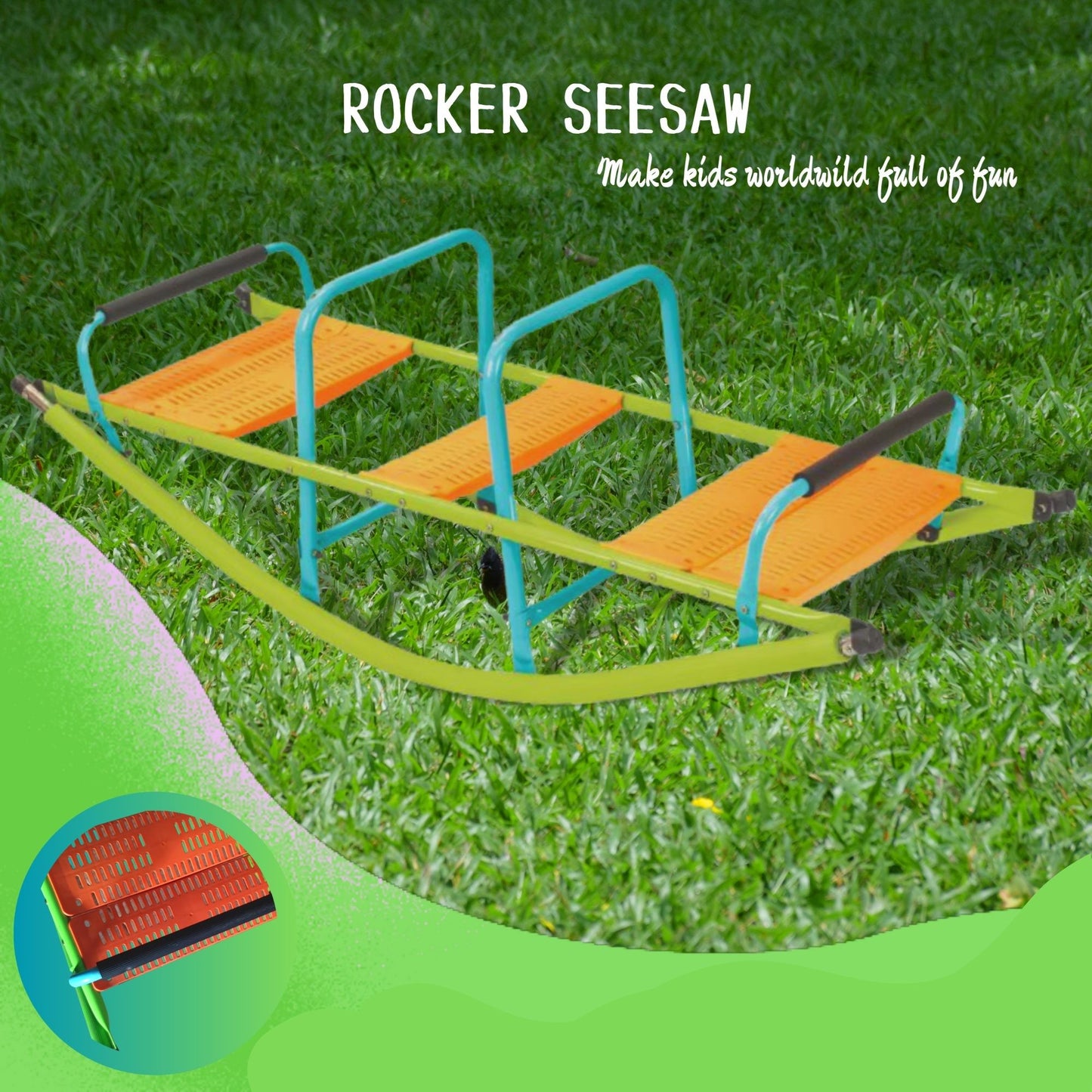 The Xss008 High Quality Kids Seesaw features a green and blue plastic seat, steel tube frame, and is perfect for children age 3+. A close-up of the seat is shown, with text: “ROCKER SEESAW” and “Make kids worldwide full of fun.”.