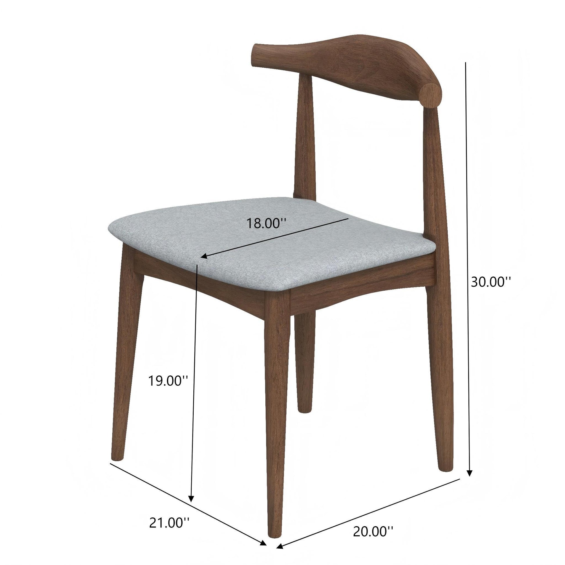 Destiny - Modern Dining Chairs (Set of 2): Wooden chairs with curved backrests, light gray cushioned seats, and four angled legs. Dimensions: seat height 19”, width 18”, depth 20”, back height 30”, overall depth 21”.