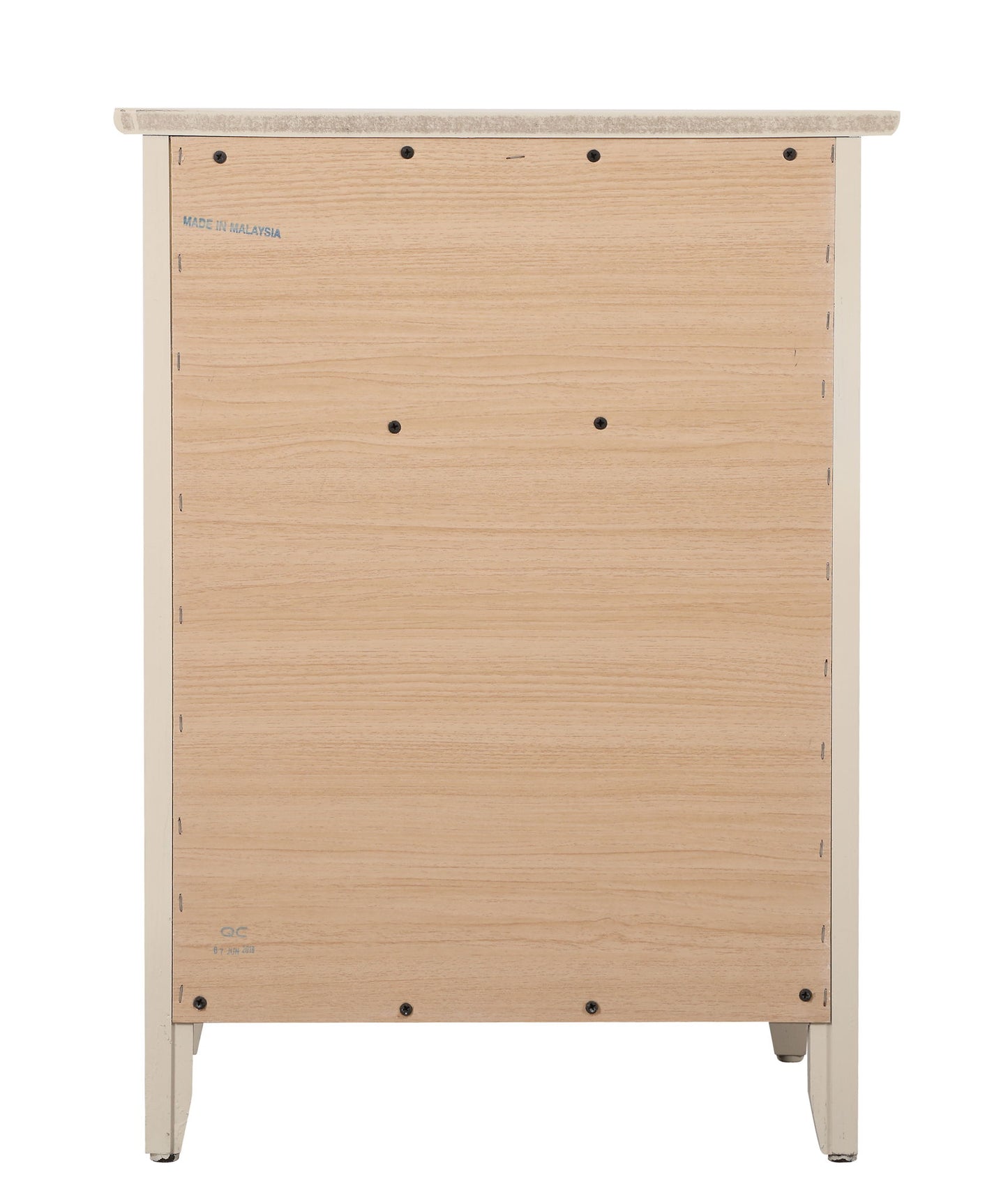 The Izzy 1 Drawer / 1 Door Nightstand, shown from the back, features a flat wood panel with visible screws and "Made in Malaysia" printed text. Its legs and top edge are also visible.