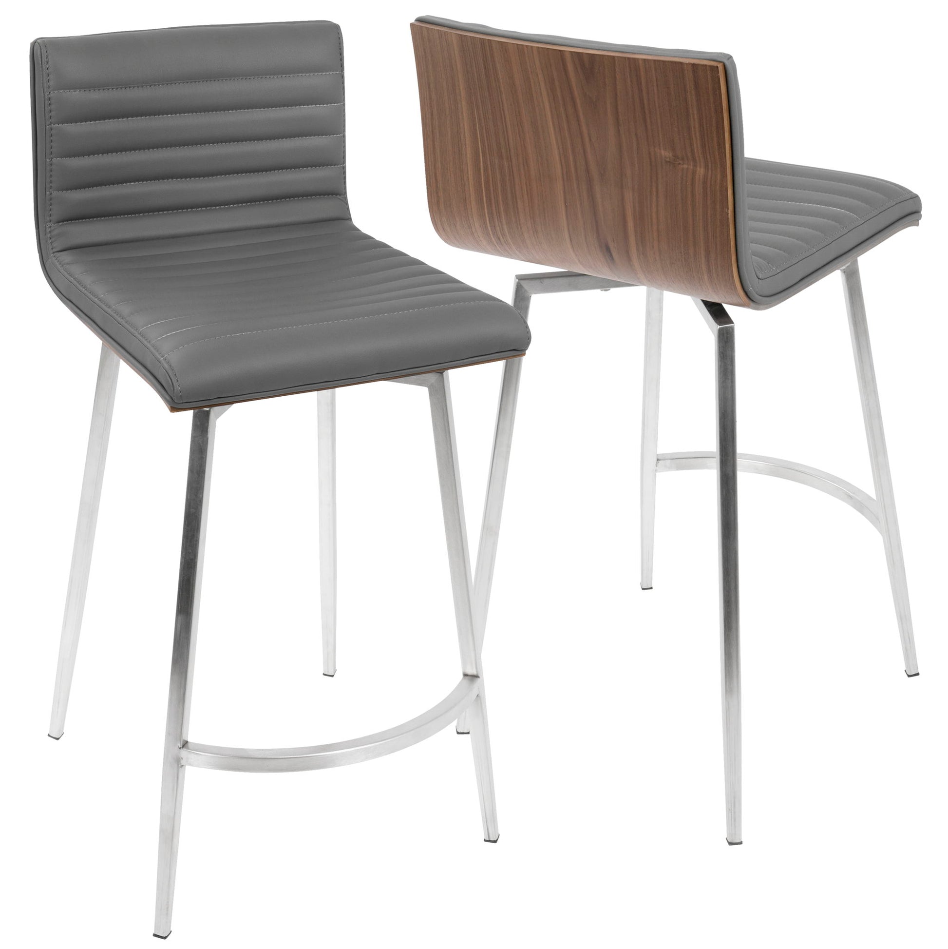 The Mason Contemporary Swivel Counter Stool set includes two modern stools with grey cushioned seats, ribbed stitching, walnut wood backrests, and metal legs. One stool faces forward; the other displays the wood backrest.