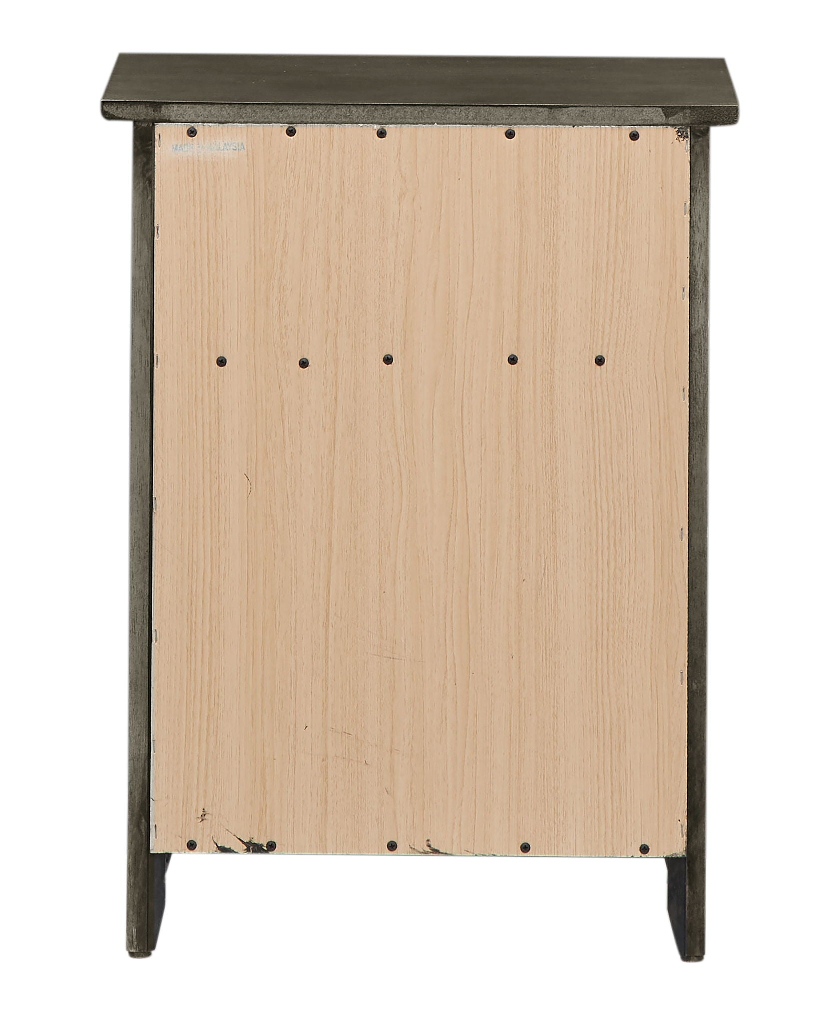 The image shows the back of the Izzy - 1 Drawer / 1 Door Nightstand, featuring a light plywood backing with visible screws, a dark brown frame and top, and standing on four legs.