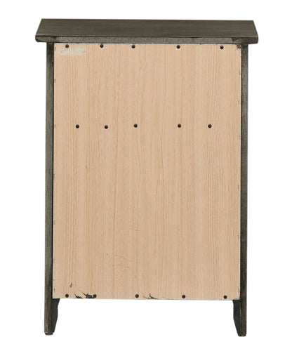 The image shows the back of the Izzy - 1 Drawer / 1 Door Nightstand, featuring a light plywood backing with visible screws, a dark brown frame and top, and standing on four legs.