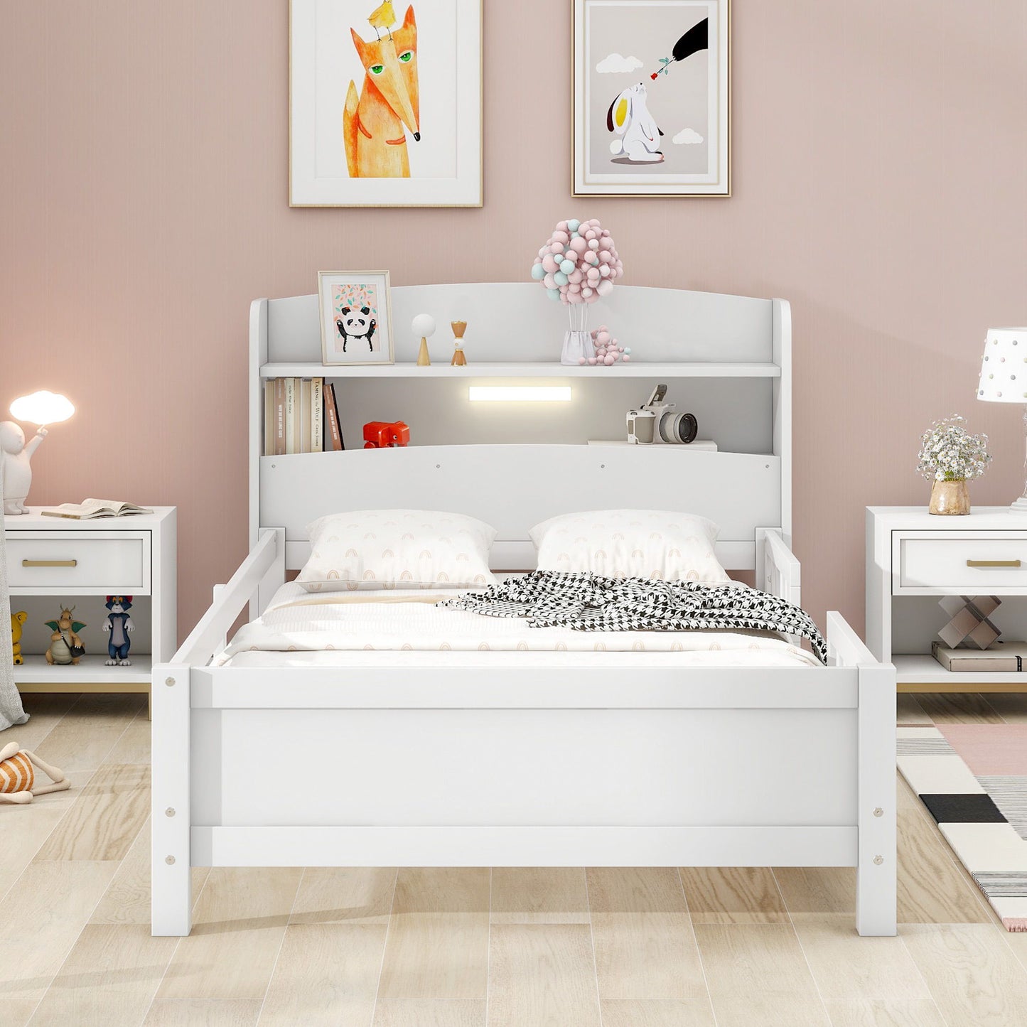 Wood Platform Bed With Built In LED Light, Storage Headboard And Guardrail