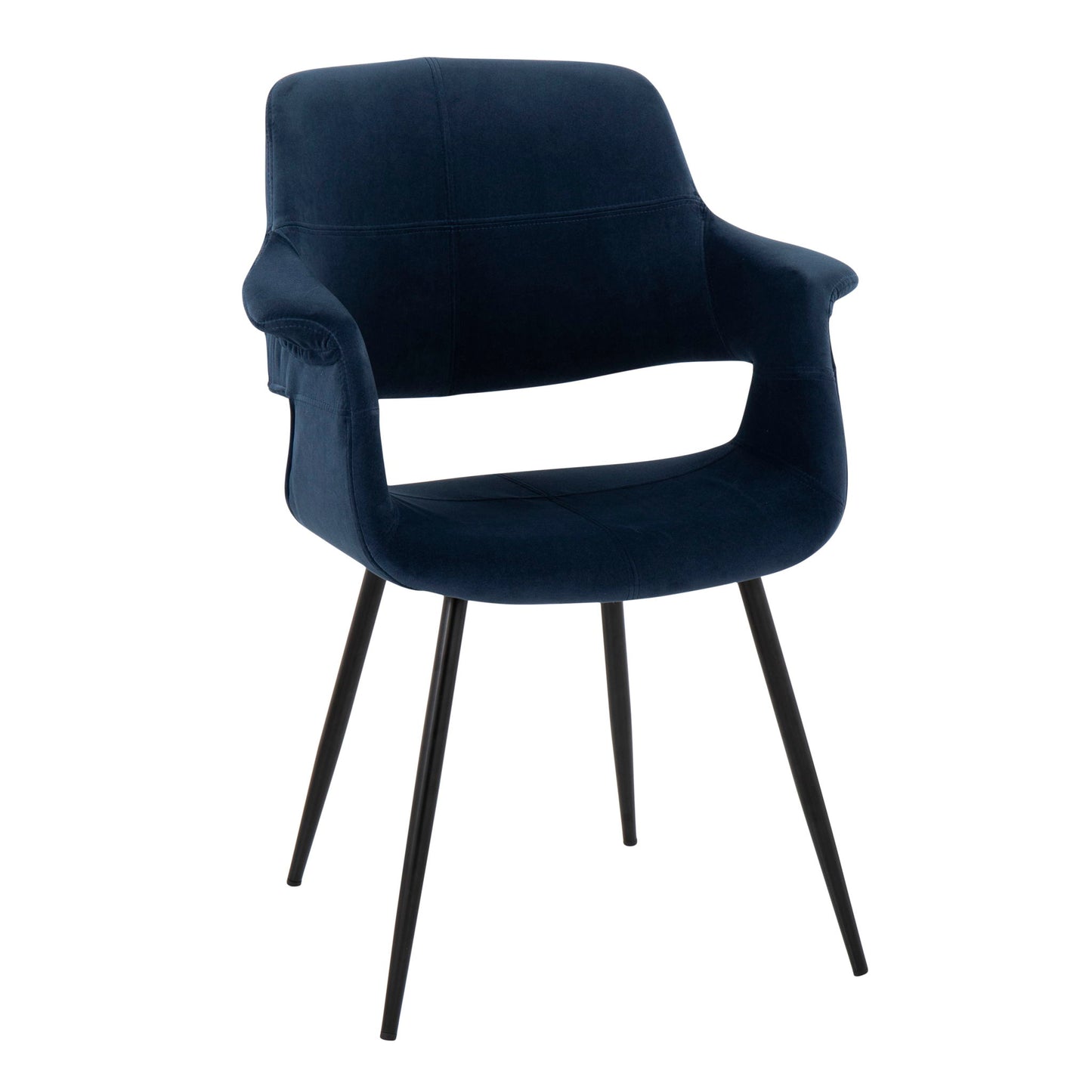 The Vintage Flair - Glam, Art Deco Chair (Set of 2) features modern dark blue velvet upholstery, curved armrests, and four slender black metal legs, all set against a plain white background.