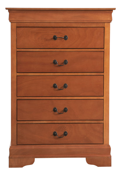 The Traditional Style Storage Chest Elegant features five drawers, black metal handles, a simple classic design, and a warm brown finish.