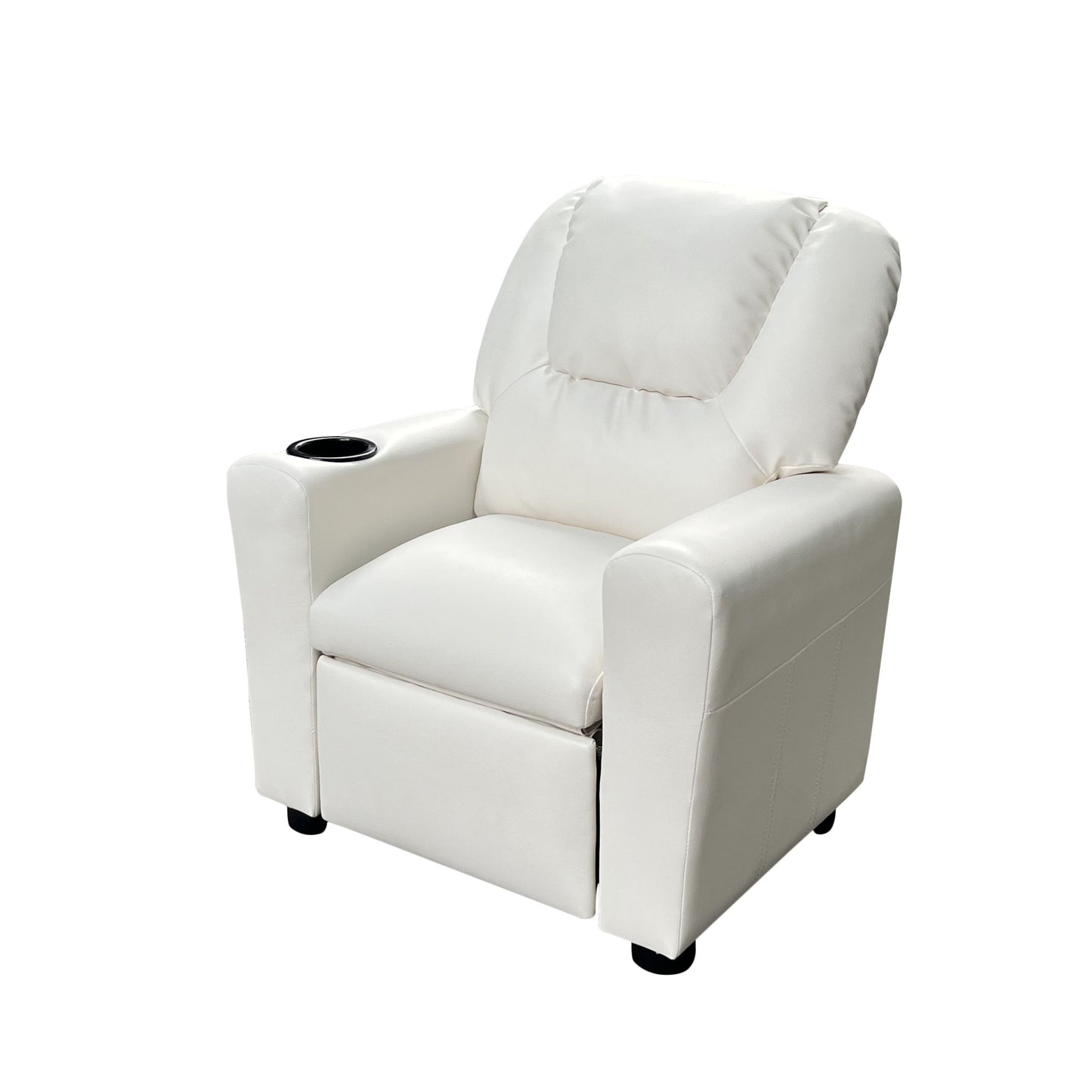 The Marisa - PU Leather Kids Recliner Chair features white upholstery, a high backrest, padded armrests, a footrest, and a built-in cup holder on the right armrest, shown against a plain white background.