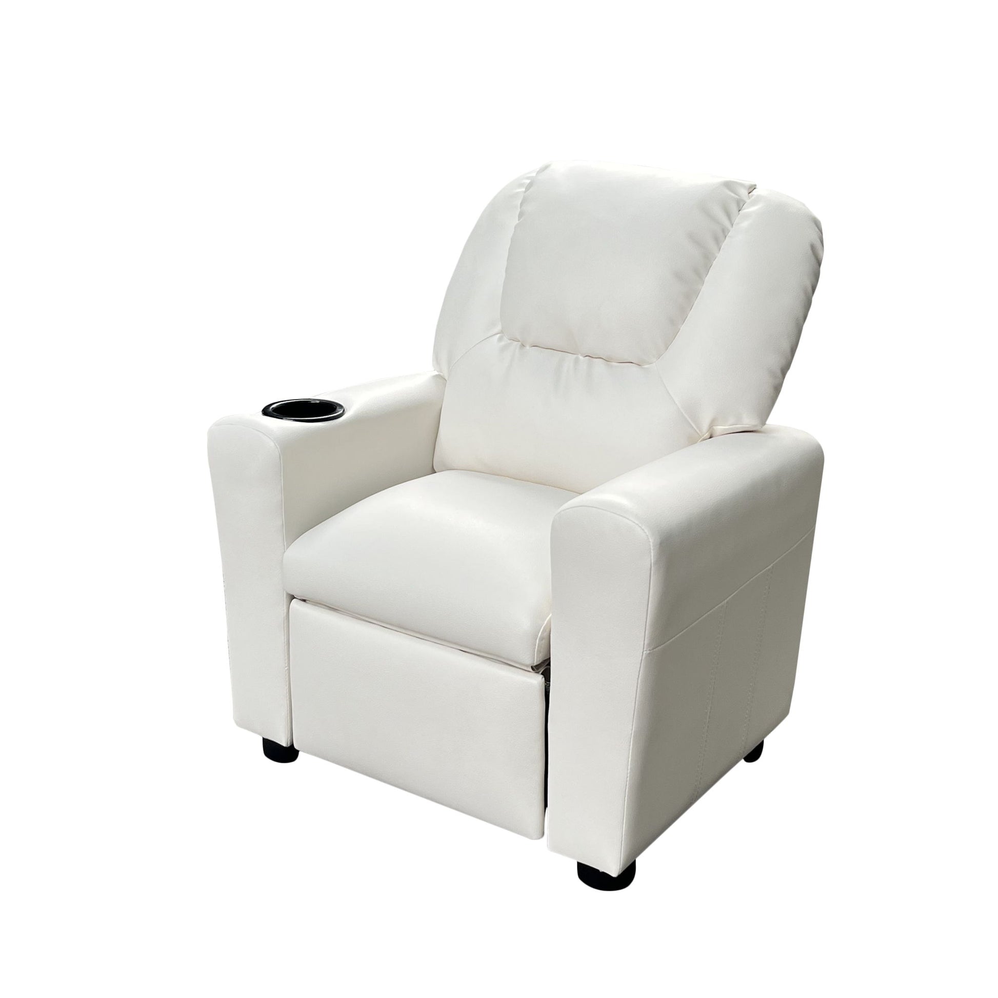 The Marisa - PU Leather Kids Recliner Chair features white upholstery, a high backrest, padded armrests, a footrest, and a built-in cup holder on the right armrest, shown against a plain white background.