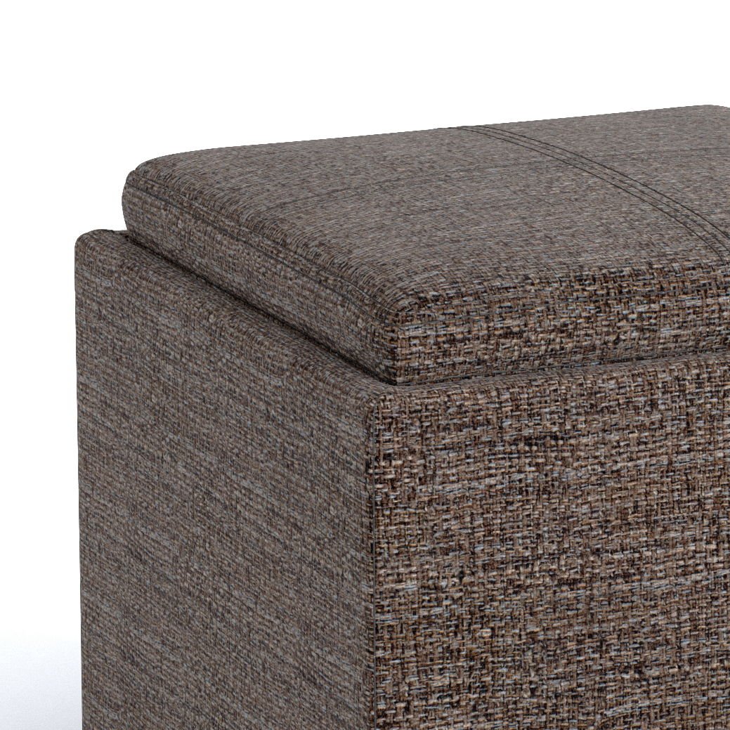 A close-up of the Rockwood - Upholstered Cube Storage Ottoman With Tray in brown textured fabric, featuring a removable lid, detailed stitching, and a modern boxy design against a white background.