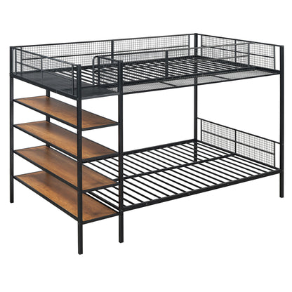 The Bunk Bed With 5 Tier Shelves features a metal frame in a black finish, sturdy mesh guardrails on the top bunk, and five open wooden shelves on one side for added storage. Mattresses are not included.