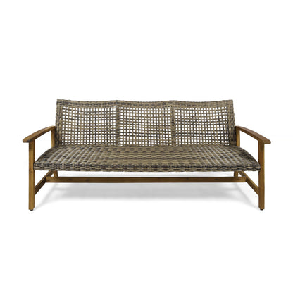 The Outdoor 3 Seater Sofa With Rattan Cover - Gray features a wooden frame with woven rattan seat and backrest, shown against a white background.