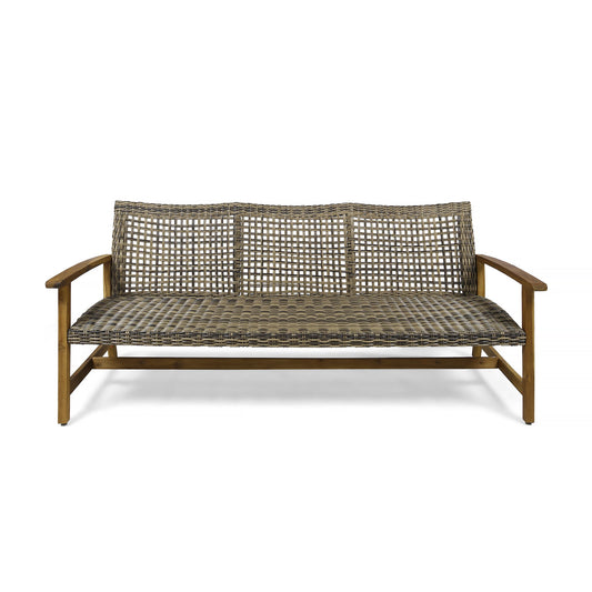 The Outdoor 3 Seater Sofa With Rattan Cover - Gray features a wooden frame with woven rattan seat and backrest, shown against a white background.