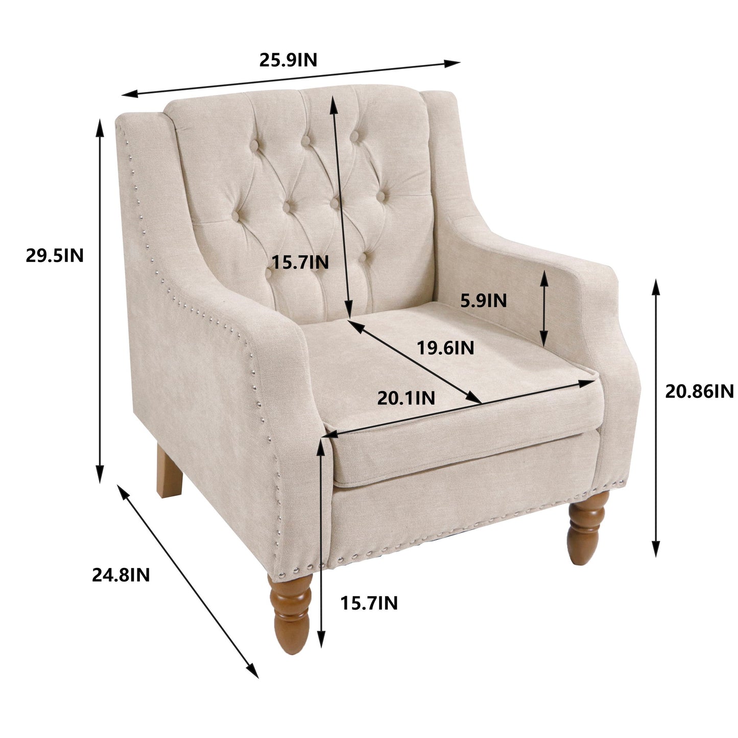 Accent Chair set with button tufted back, vintage brass studs, and wooden legs. Dimensions: 29.5"H x 25.9"W; seat: 20.1"D x 19.6"W x 20.86"H; arms: 24.8"H x 15.7"W—ideal for living room or bedroom comfort and style.