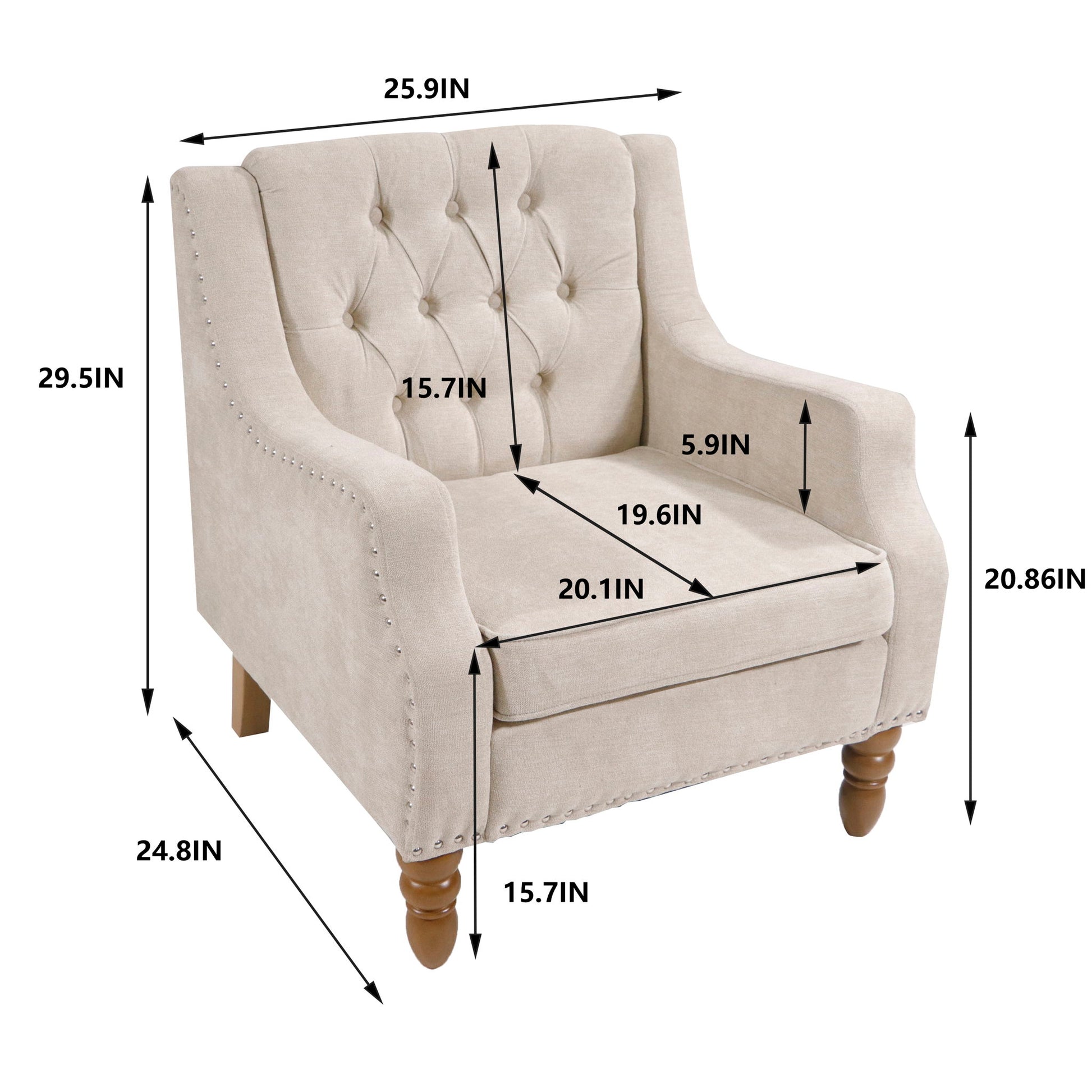 Accent Chair set with button tufted back, vintage brass studs, and wooden legs. Dimensions: 29.5"H x 25.9"W; seat: 20.1"D x 19.6"W x 20.86"H; arms: 24.8"H x 15.7"W—ideal for living room or bedroom comfort and style.