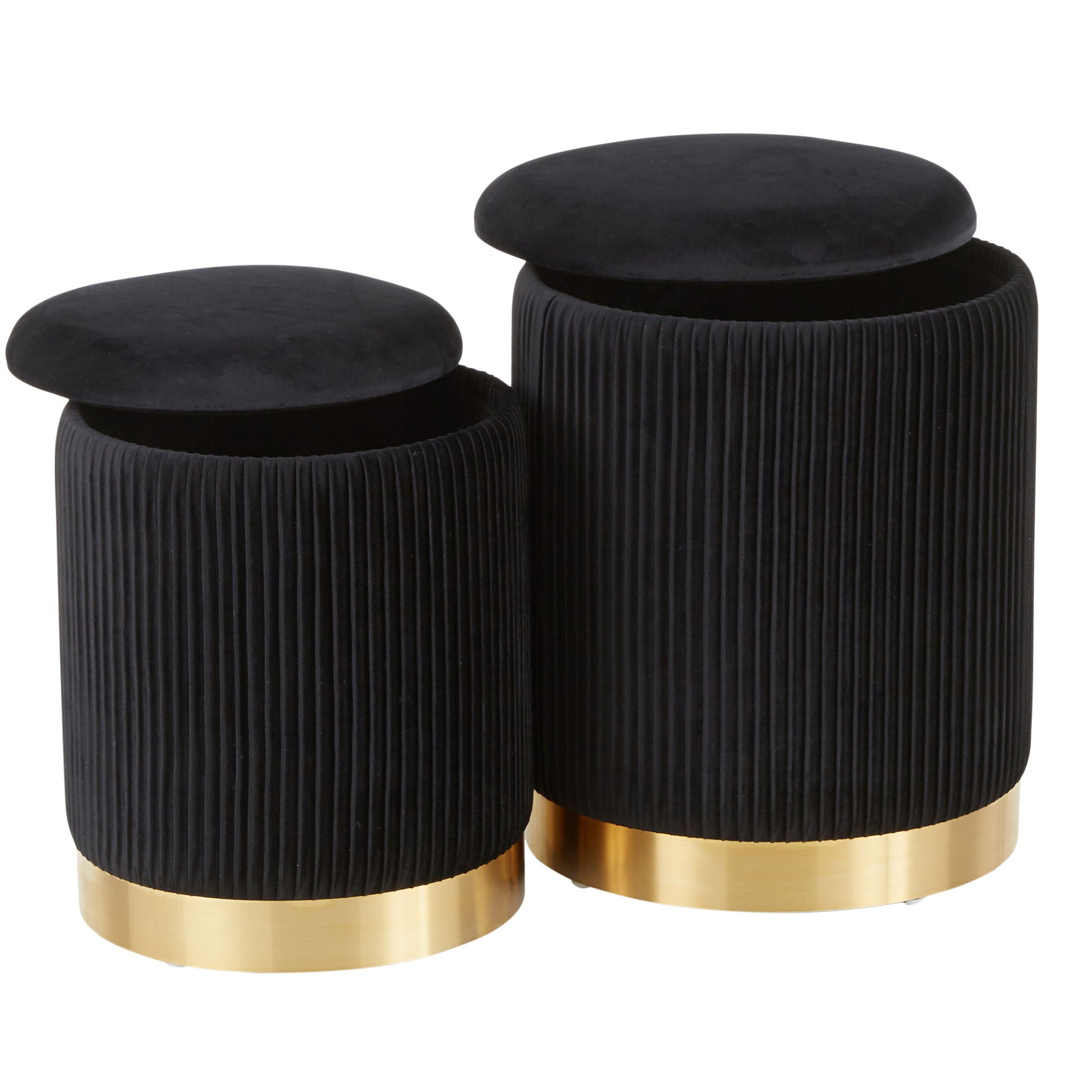 The Marla - Contemporary Nesting Pleated Ottoman Set includes two round, black velvet ottomans with vertical pleats, removable cushioned lids, and shiny gold metal bases. The smaller ottoman nests partially inside the larger one.
