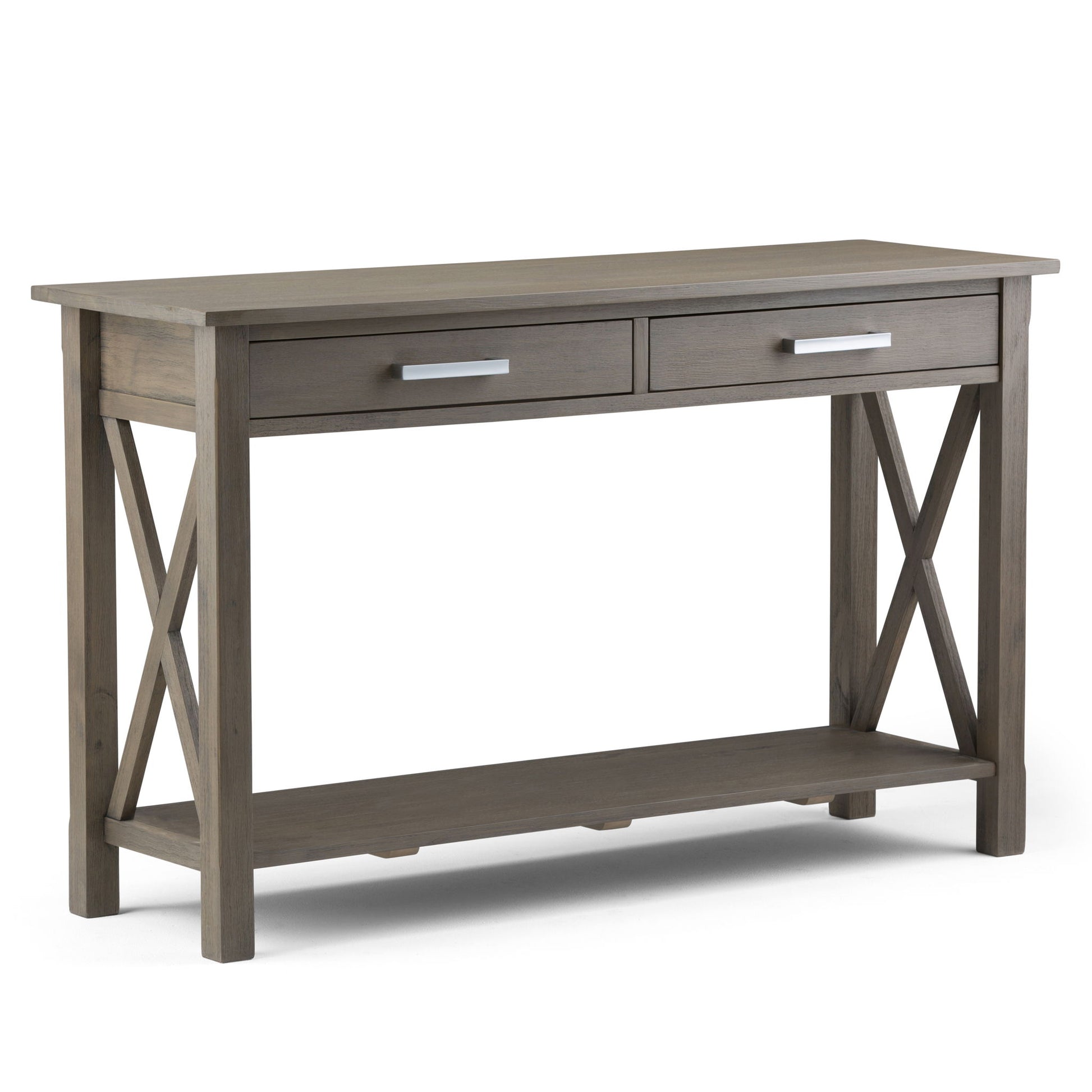 The Kitchener - Handcrafted Table is a wooden console table with a gray finish, two drawers with metal handles, X-shaped side supports, and a lower open shelf.