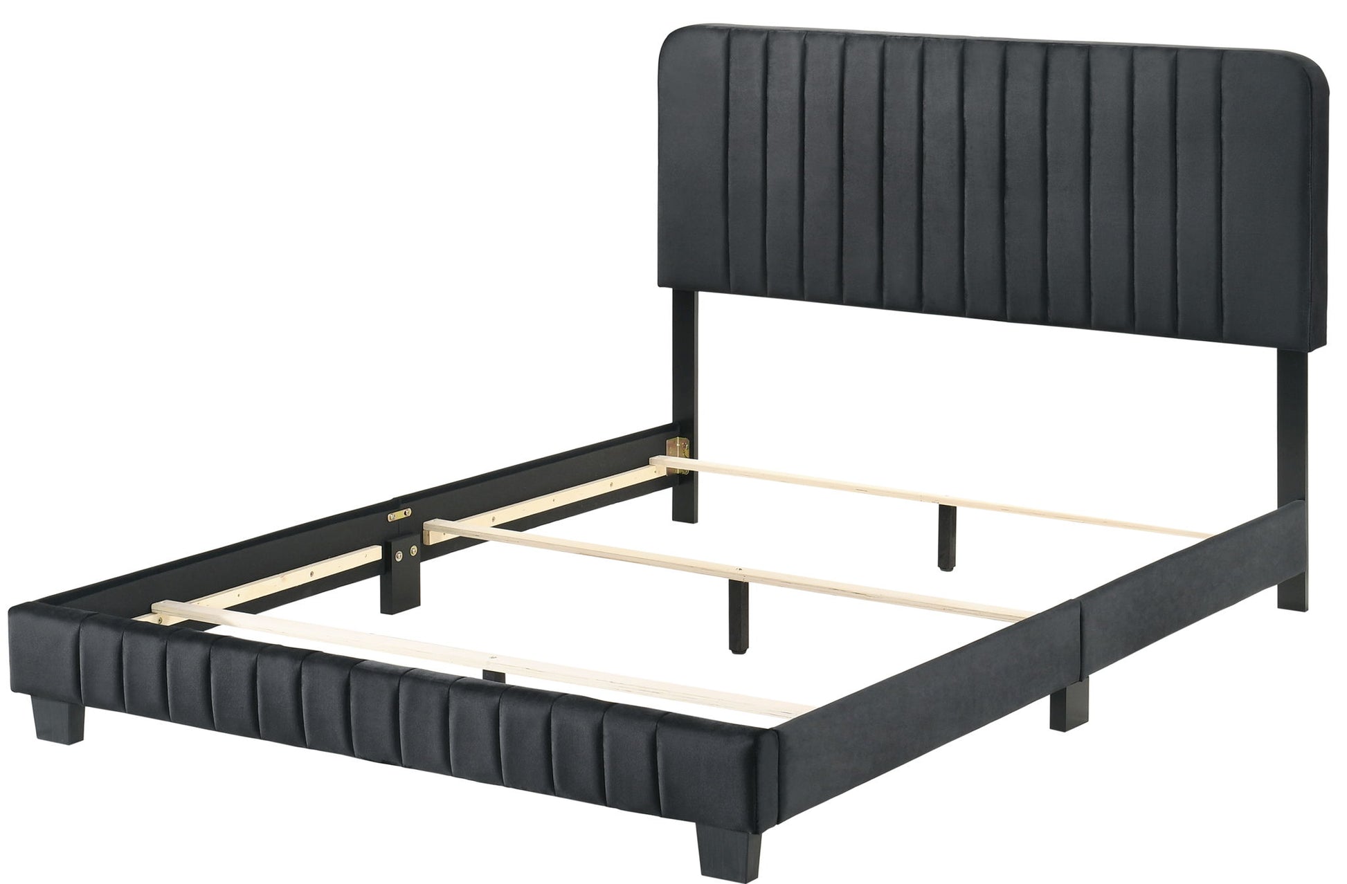 The Lodi - Bed features black upholstery with vertical stitching on the headboard and footboard, wooden slats for mattress support, and short legs. Mattress and bedding are not included.