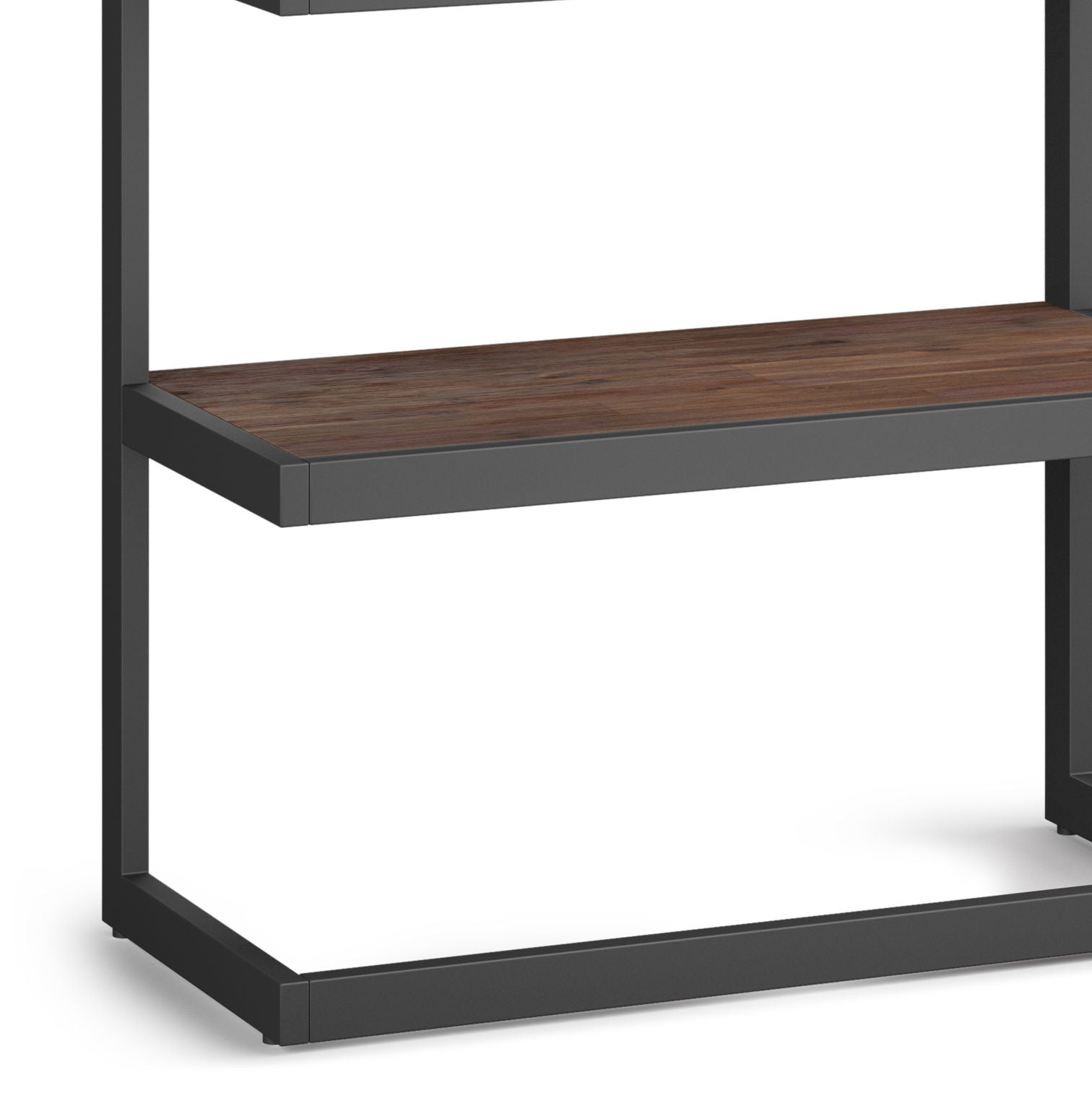 A close-up of the Erina - Handcrafted Bookcase featuring two dark wood shelves and a black metal frame, set against a white background.