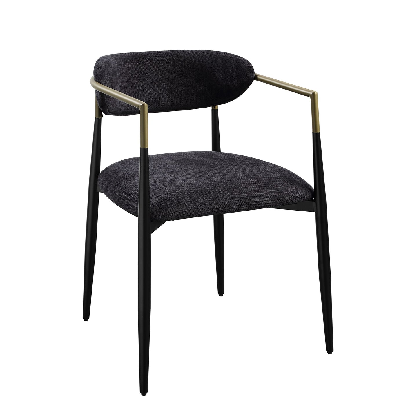 The Jaramillo Chenille Side Chair (Set of 2) in black features slender metal legs, a curved backrest, brass-accented armrests, and dark chenille upholstery on the seat and back. Each chair stands on four tapered legs for a modern look.
