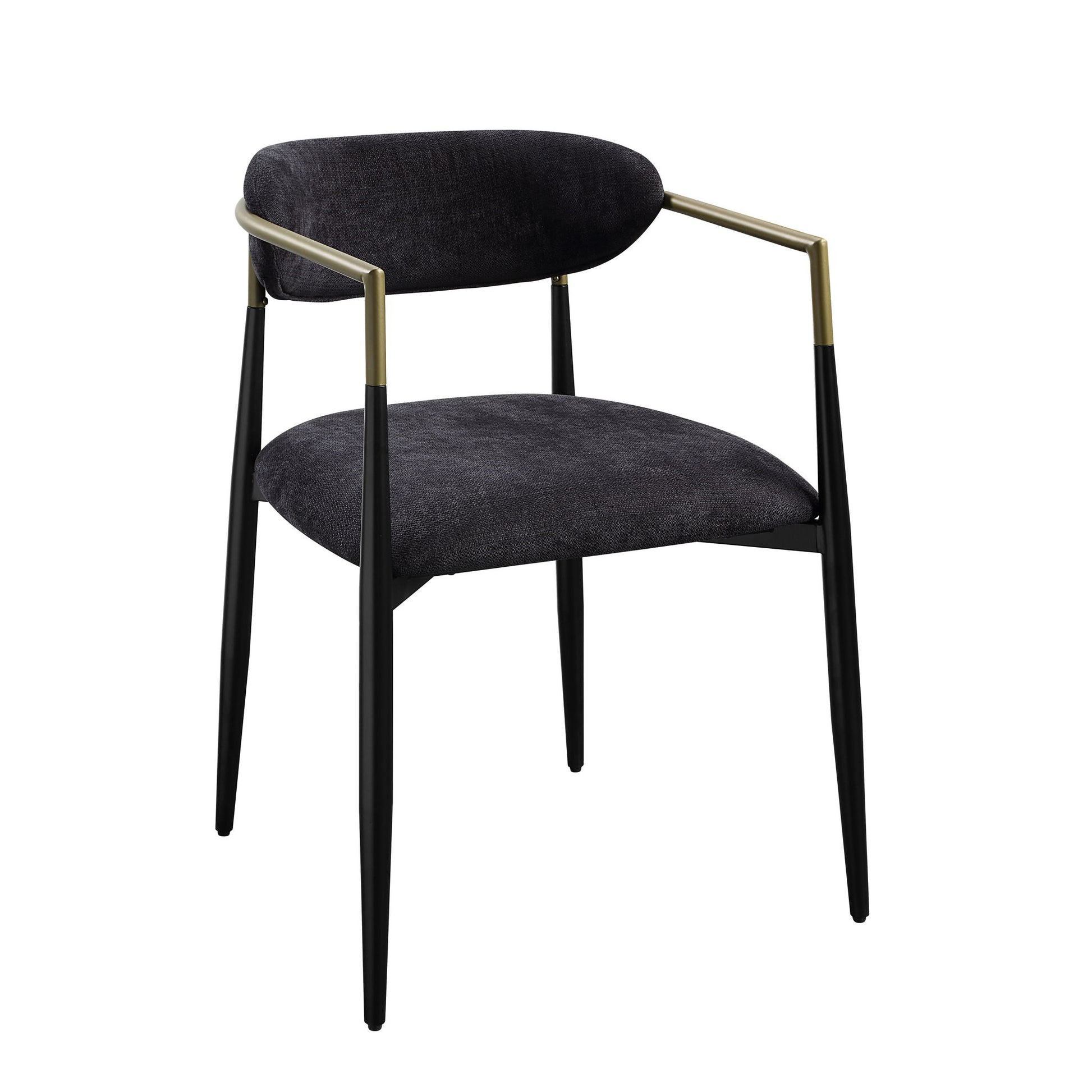 The Jaramillo Chenille Side Chair (Set of 2) in black features slender metal legs, a curved backrest, brass-accented armrests, and dark chenille upholstery on the seat and back. Each chair stands on four tapered legs for a modern look.
