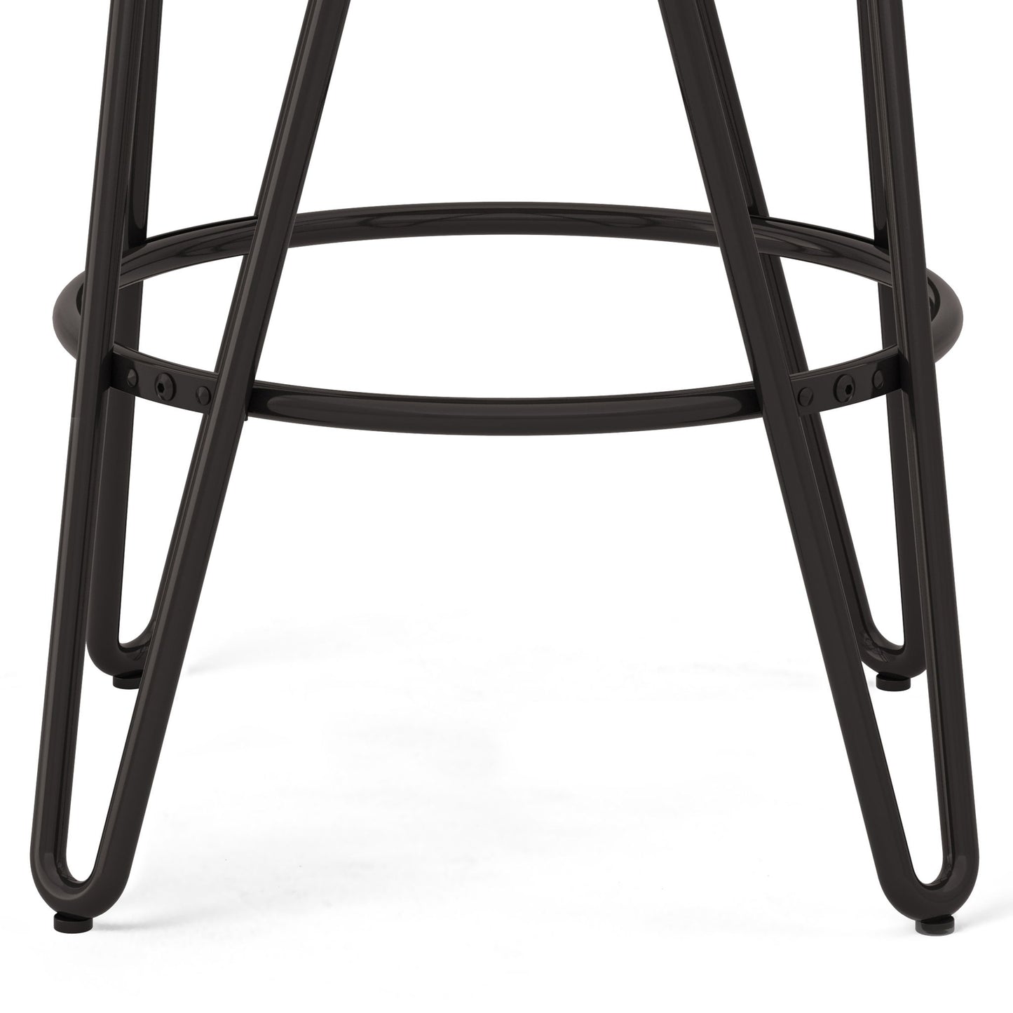 Close-up of the black metal legs and circular footrest of the Simeon Multifunctional Metal Stool With Wood Seat, set against a white background.