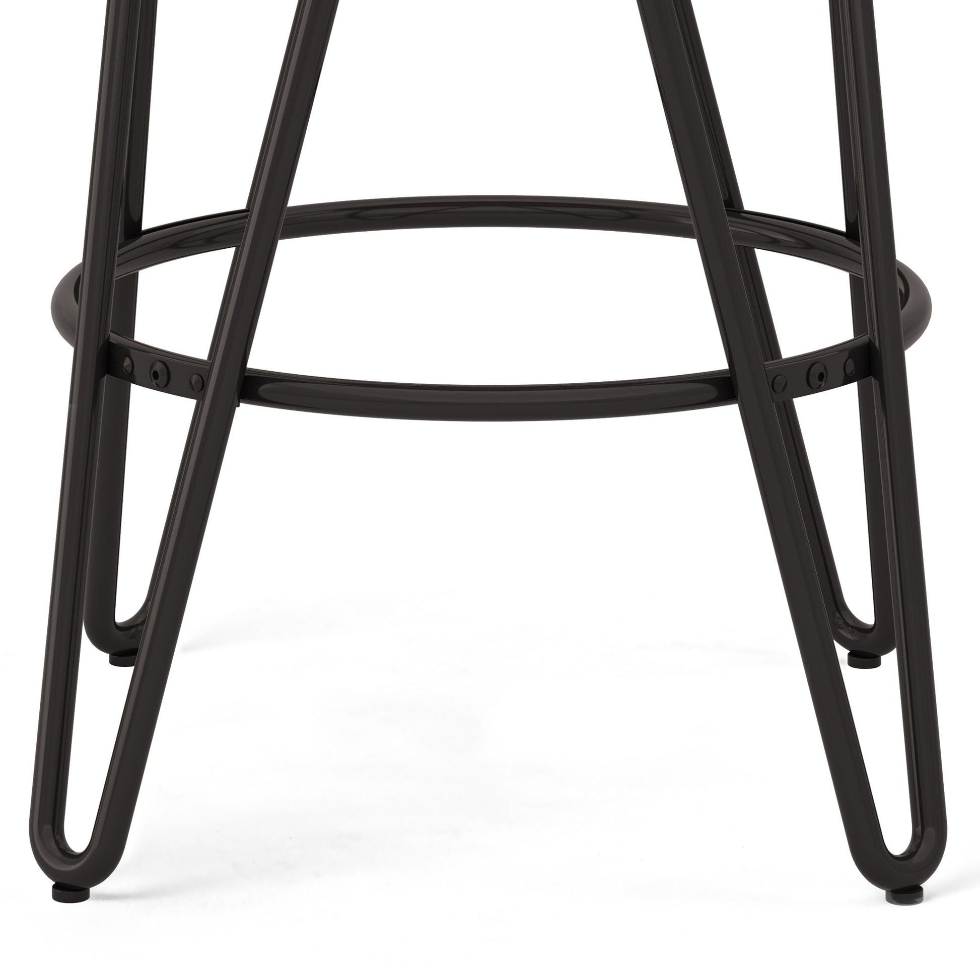 Close-up of the black metal legs and circular footrest of the Simeon Multifunctional Metal Stool With Wood Seat, set against a white background.