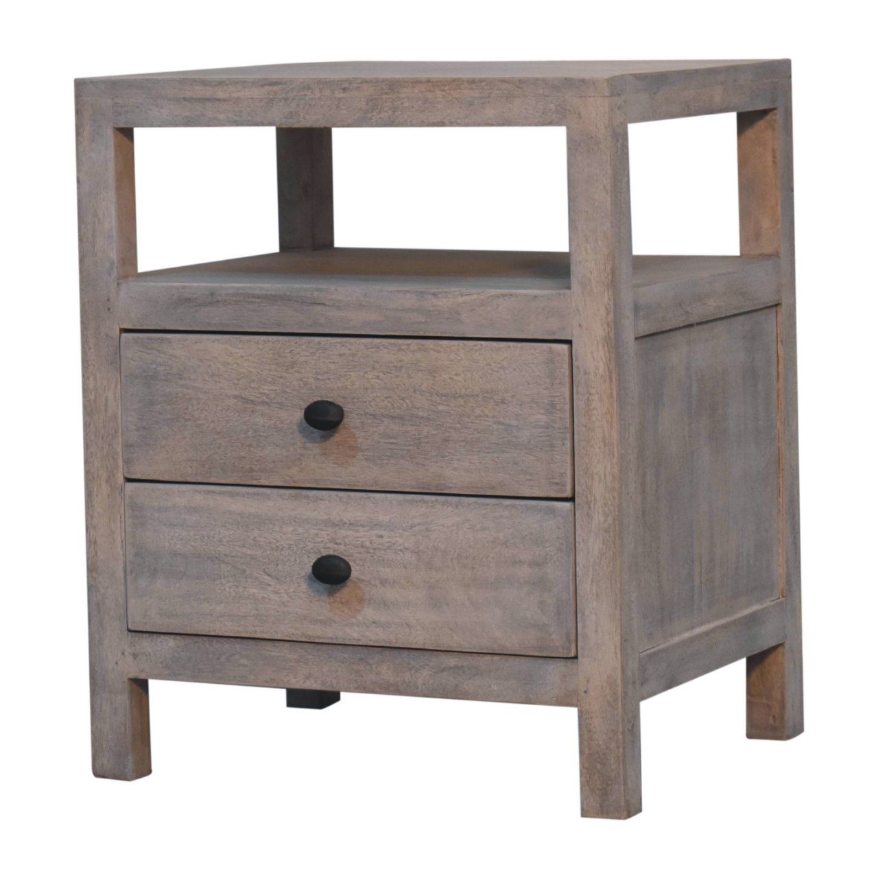 The Acid - 2 Drawer Open Bedside Table in Gray Ash features a sturdy rectangular frame, rustic finish, two drawers with round black knobs, an open shelf above the drawers, and simple clean lines.