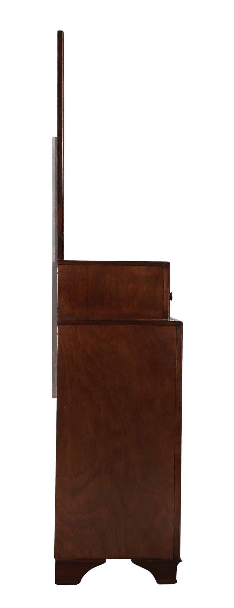 Side view of the LaVita - Dresser, featuring a dark brown wooden finish, rectangular shape, raised back panel, and sturdy base. Its traditional design is captured against a plain white background.