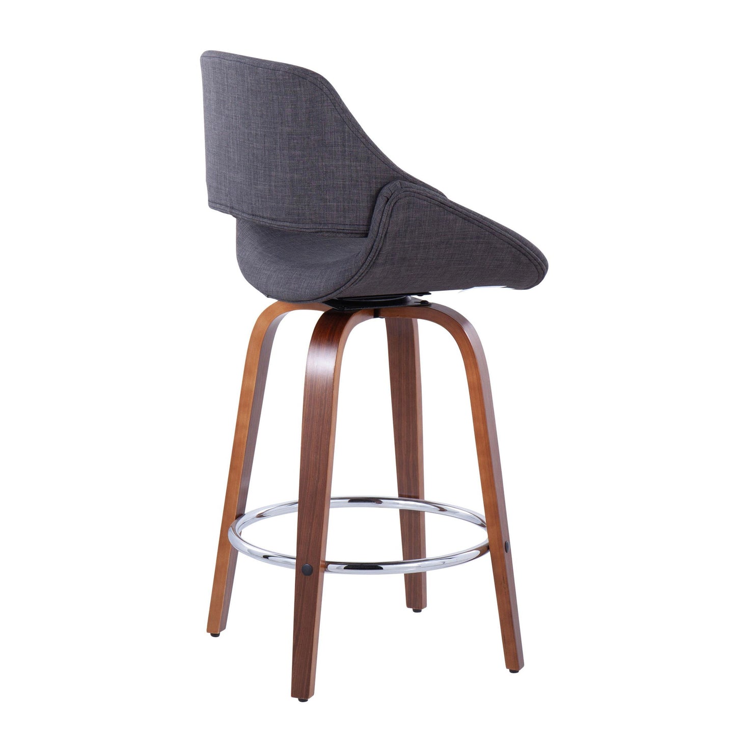 The Fabrico Mid Century Modern Counter Stool Set features curved, padded dark gray fabric seats, wooden legs, and round chrome footrests. Shown from a rear side angle against a white background (set of 2, fixed height).