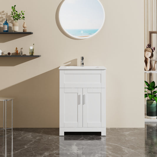 A modern bathroom features the Sink Bathroom Vanity Laundry Cabinet Combo in white, a round mirror with an ocean view, beige walls, marble floor, shelves with toiletries and decor, plus a plant and decorative items on the right.