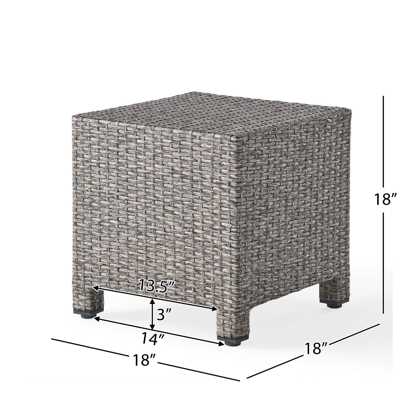 The Puerta - Minimalist Style Accent Table is a square wicker side table, 18"H x 18"W x 18"D, with 3" lower clearance and leg spacing of 14"W x 13.5"D.