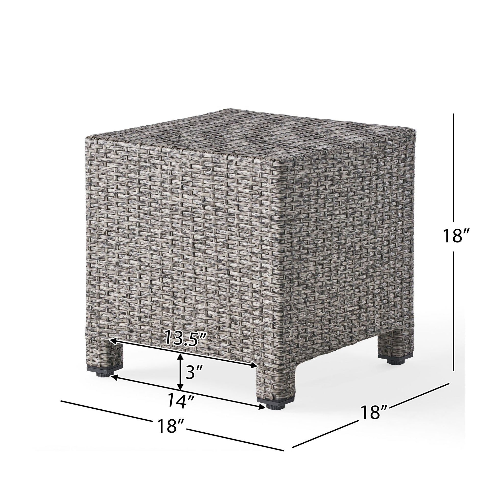 The Puerta - Minimalist Style Accent Table is a square wicker side table, 18"H x 18"W x 18"D, with 3" lower clearance and leg spacing of 14"W x 13.5"D.