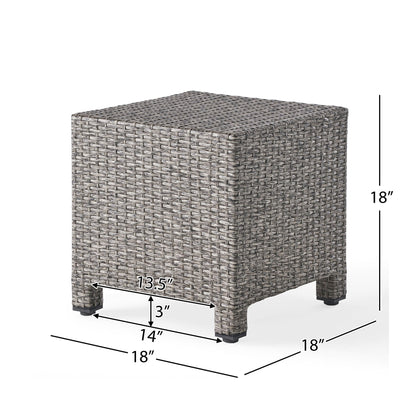 The Puerta - Minimalist Style Accent Table is a square wicker side table, 18"H x 18"W x 18"D, with 3" lower clearance and leg spacing of 14"W x 13.5"D.