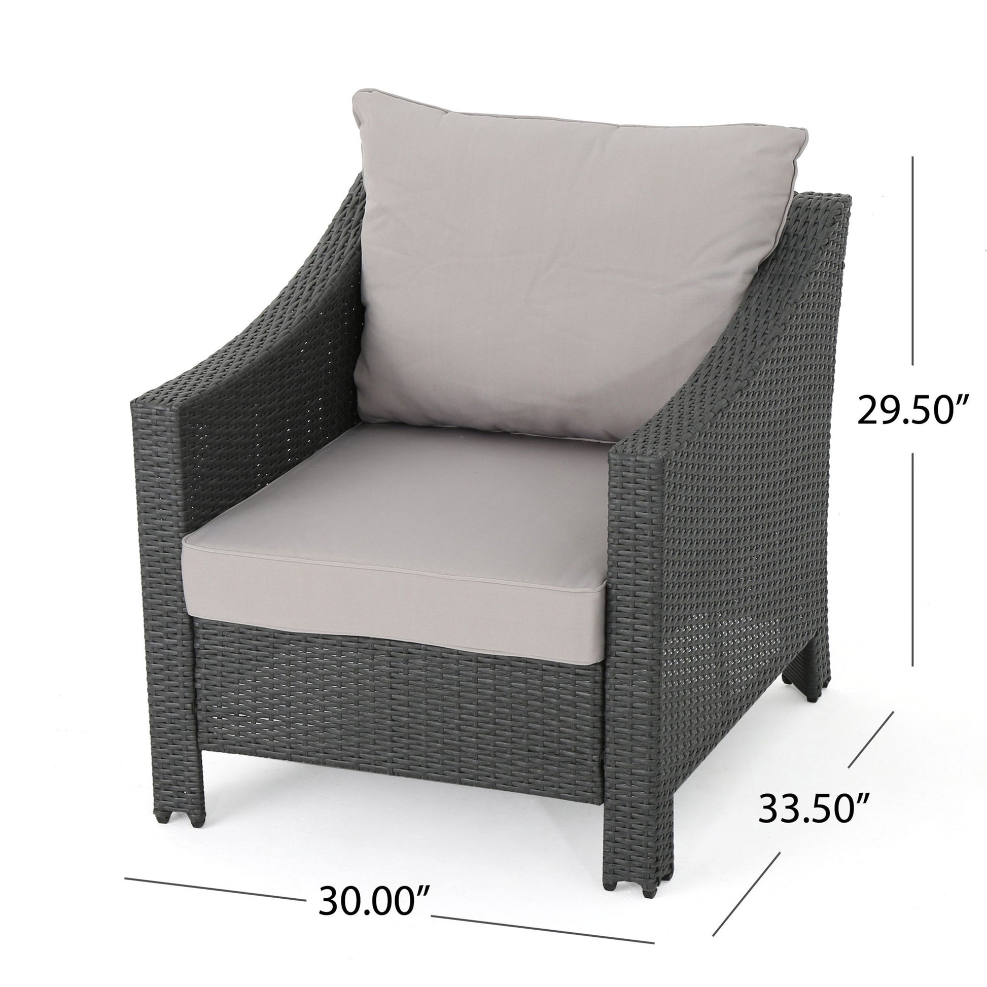 The Antibes Armchair features a dark wicker frame with water-resistant light gray seat and back cushions. Curved arms and a modern, boxy design. Dimensions: 29.5"H x 33.5"D x 30"W.