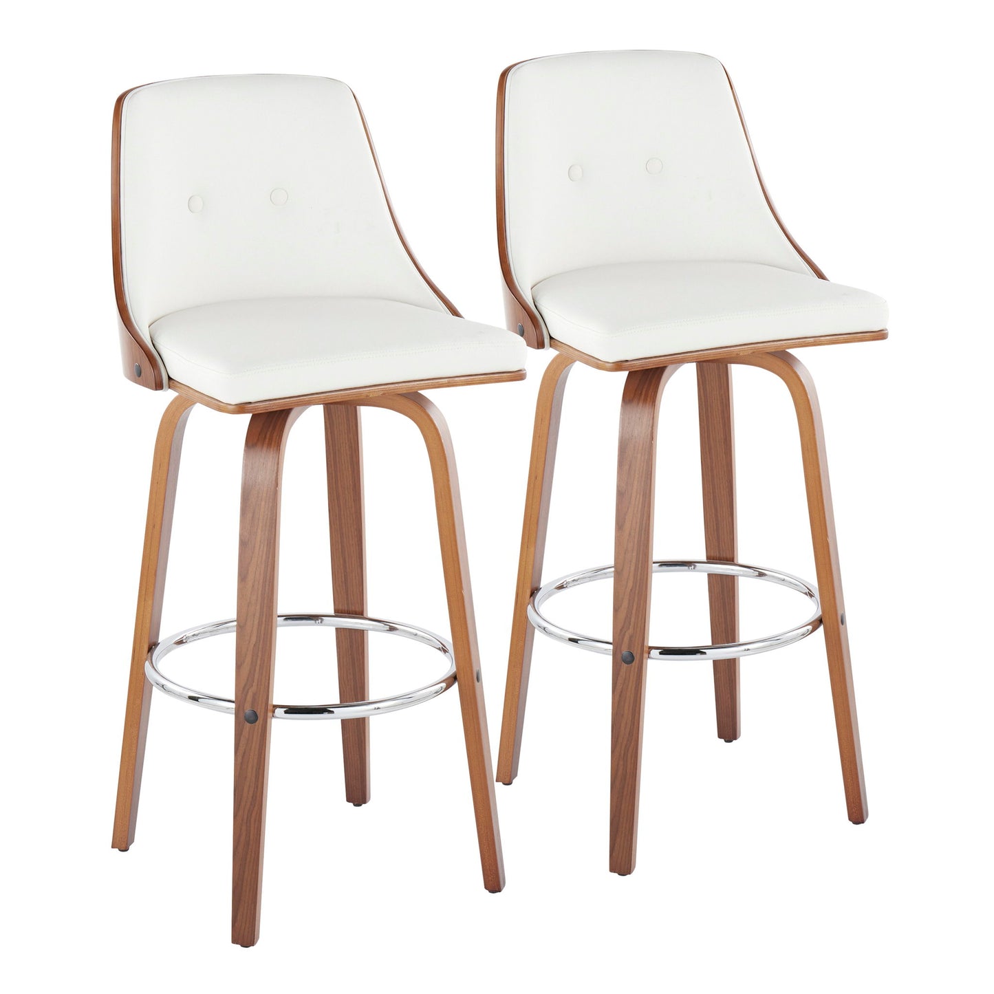The Gianna set includes two mid-century modern barstools featuring white cushioned seats and backs, light wood frames, four angled legs, a round chrome footrest, and swivel functionality.