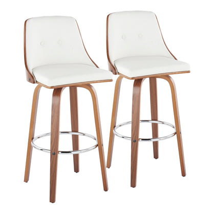 The Gianna set includes two mid-century modern barstools featuring white cushioned seats and backs, light wood frames, four angled legs, a round chrome footrest, and swivel functionality.