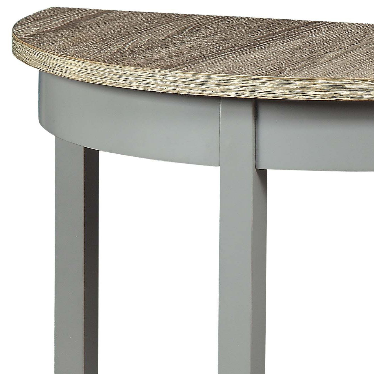 The Justino Console Table features a half-moon shape with an oak-finished top and gray legs and frame.