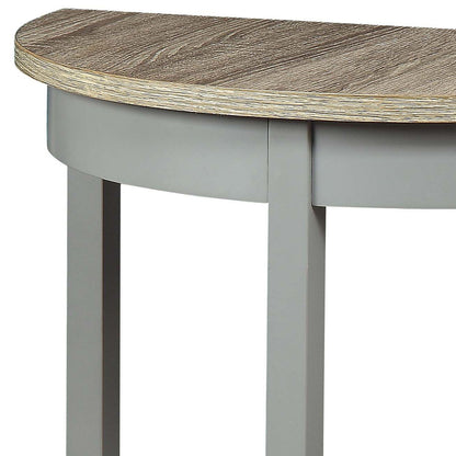 The Justino Console Table features a half-moon shape with an oak-finished top and gray legs and frame.