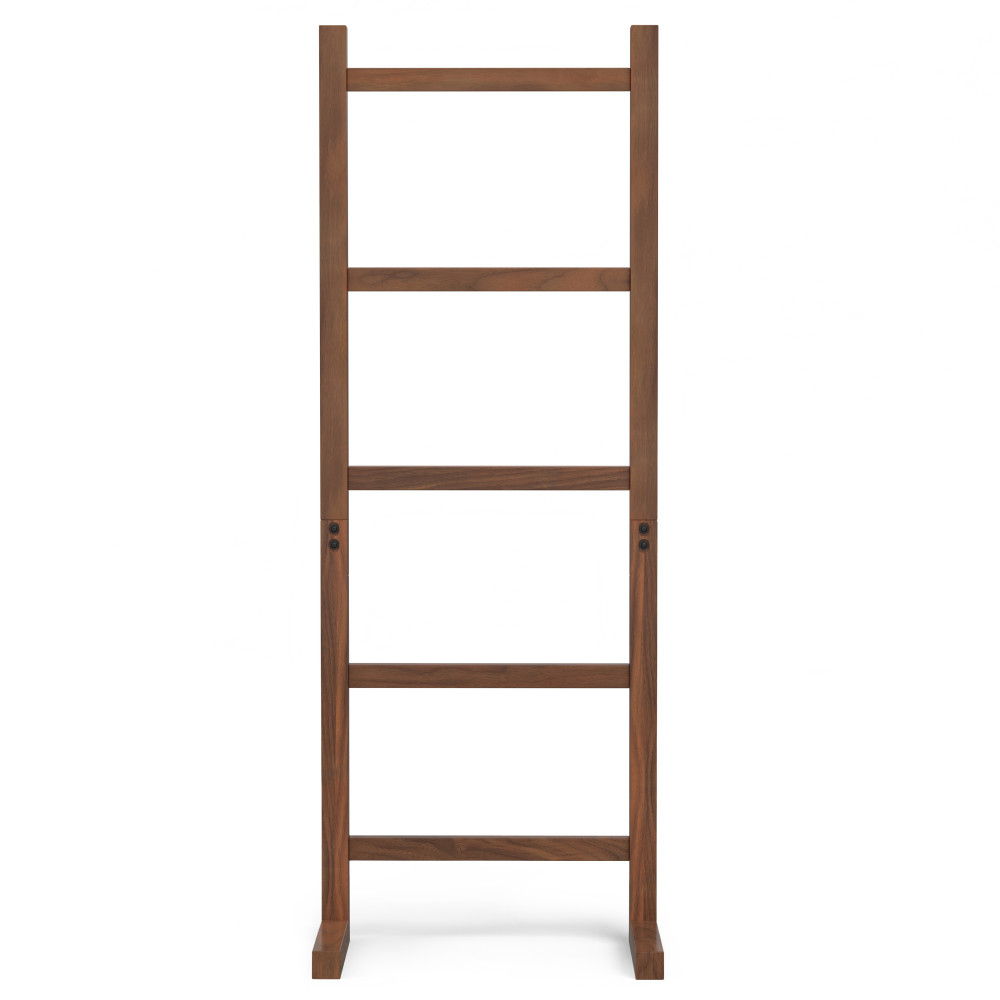 The Bray Bath Towel and Blanket Ladder Shelf in natural walnut features a wooden ladder-style frame with four horizontal bars, standing upright on two sturdy legs against a plain white background.