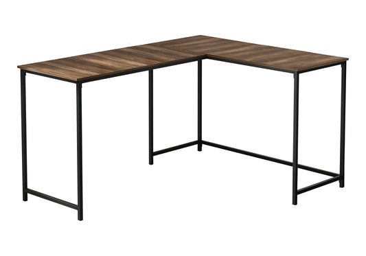 The Computer Desk Home Office features an L-shaped, woodgrain surface with a black metal frame, offering a contemporary and modern design—ideal for laptop use in any corner workspace.
