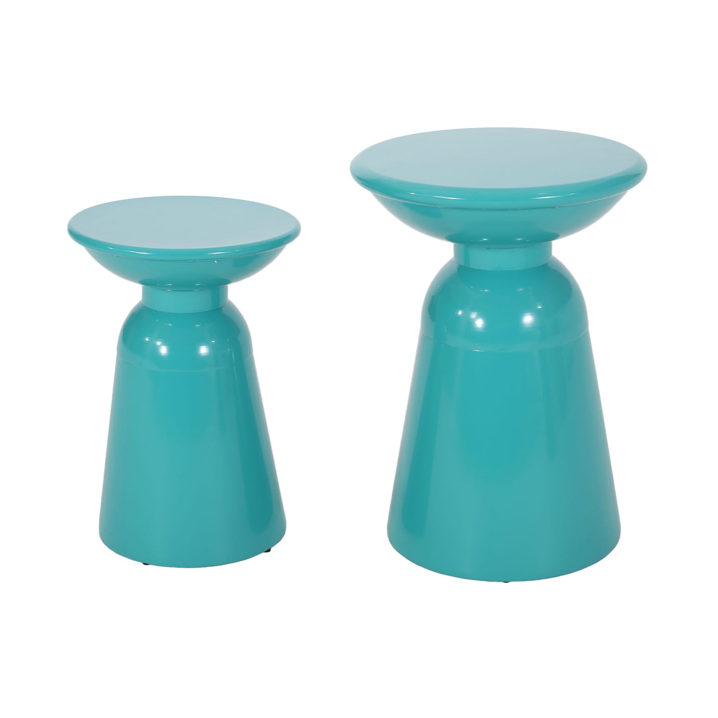 The Serenita Outdoor Side Tables With Flared Design (Set of 2), featuring glossy turquoise finishes and different heights, are shown side by side against a white background.