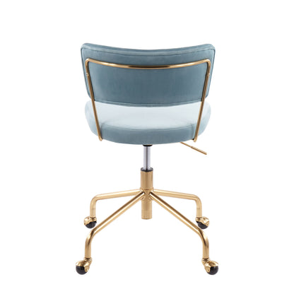 The Tania - Contemporary Task Chair features a light blue velvet cushion, gold metal frame, and five-wheel gold base, shown from the back against a white background.