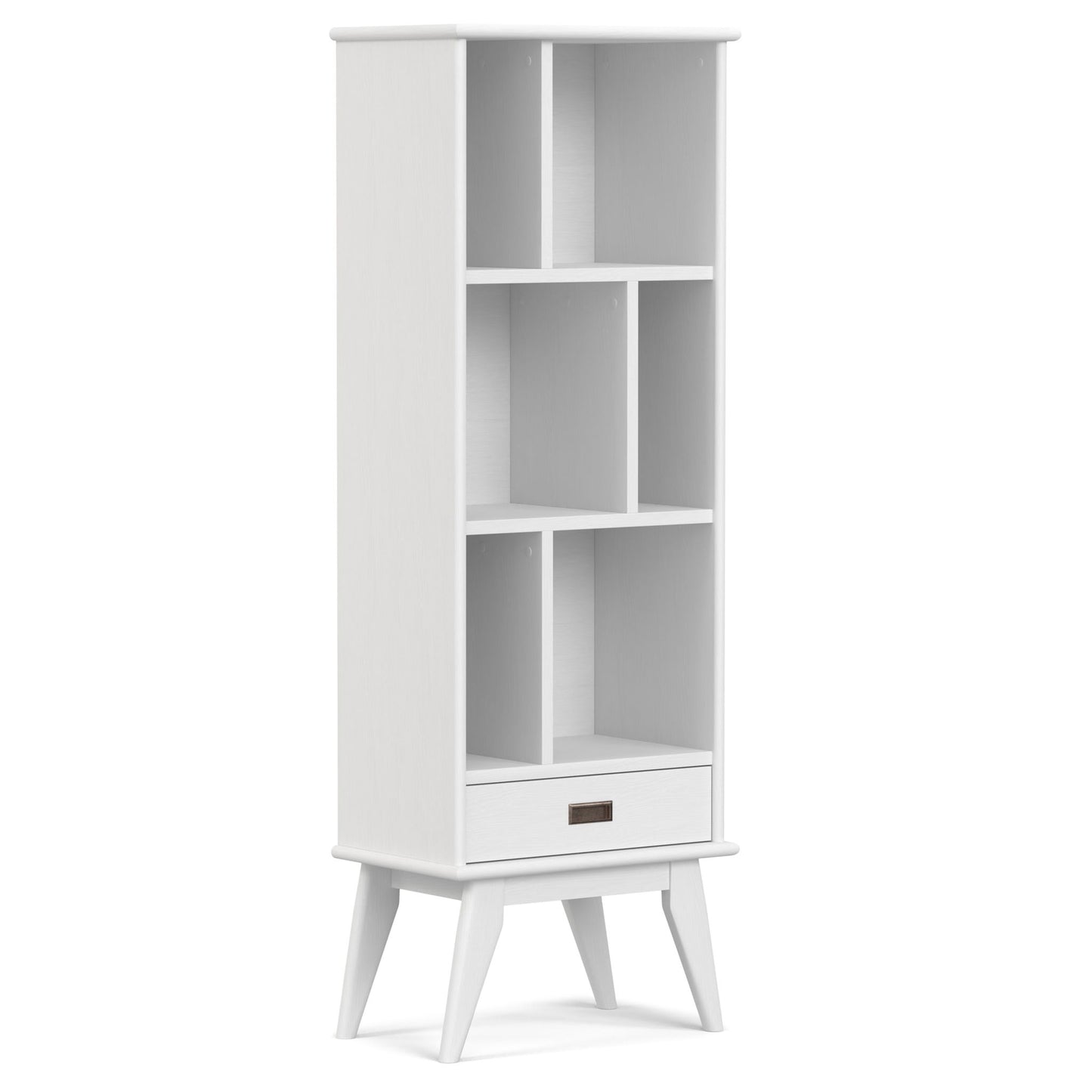 The Draper - Mid Century Wide Bookcase And Storage Unit features a white wood finish, five asymmetrical open shelves, a bottom drawer with handle, and stands on four angled legs.